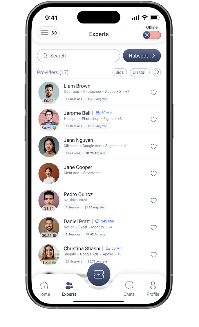 Browse software experts by skill with ratings and availability